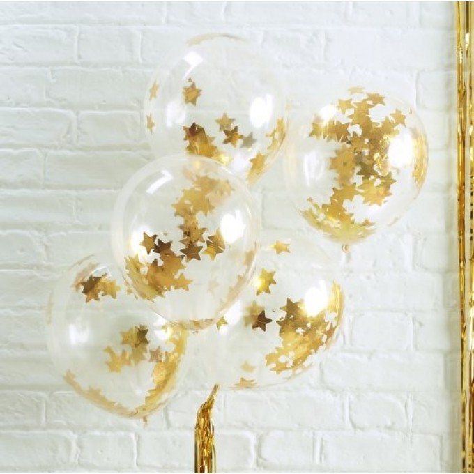 Balões Látex com Confettis Estrelas Douradas - Pack 5