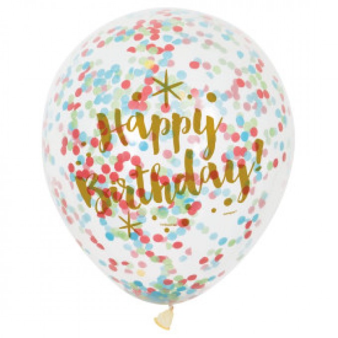 Balões Com Confettis Happy Birthday Ouro - Pack 6