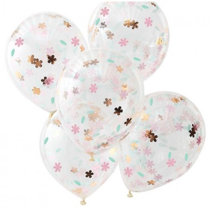 Balões Látex com Confettis Floral - Pack 5