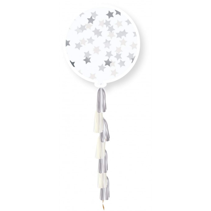 balão gigante com tassel e confetis estrelas prata
