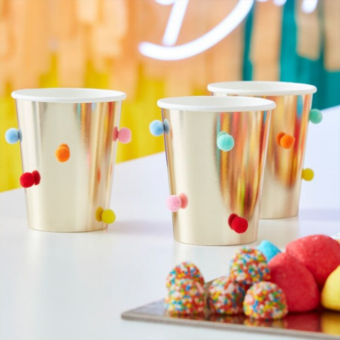 mix 431 gold paper cups with multicoloured pom poms min