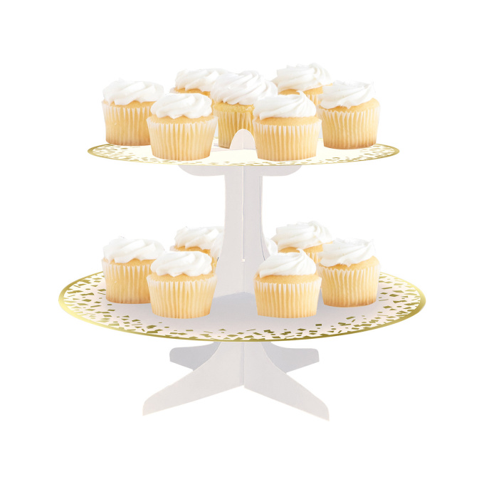 cake stand expositor cartao branco com motivos dourado brilhante 2