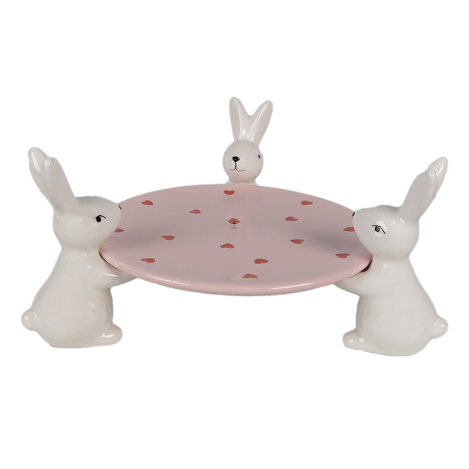 prato ceramica rosa com coracoes e com 3 coelhos 1