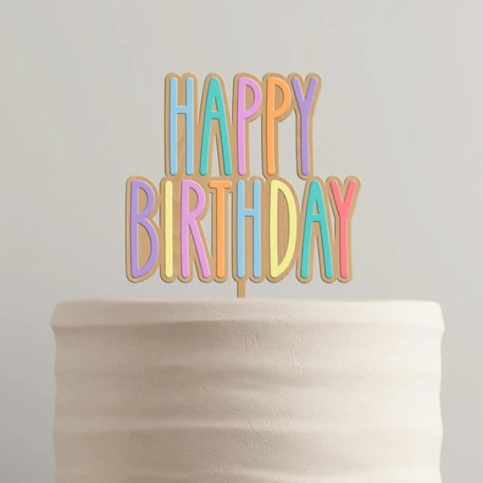 Topo Bolo MDF + Acrílico Pastel Happy Birthday