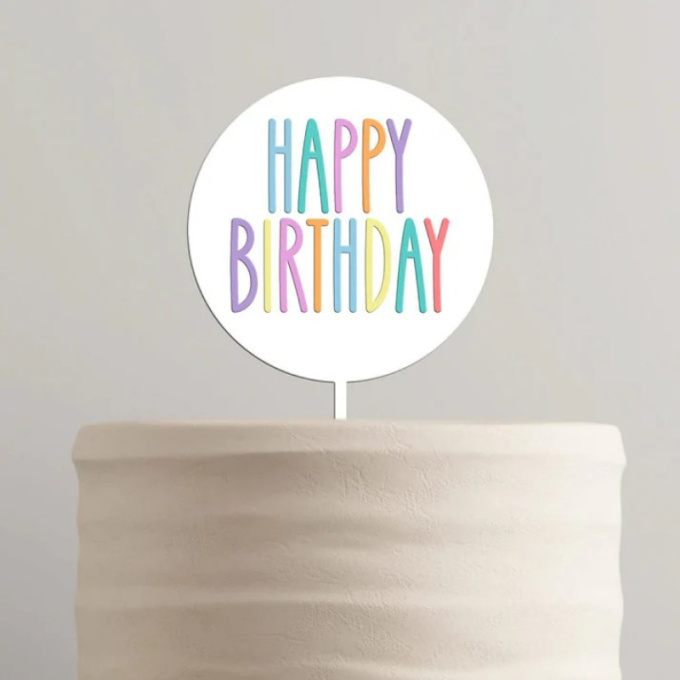 Topo Bolo MDF Branco + Acrílico Pastel Happy Birthday