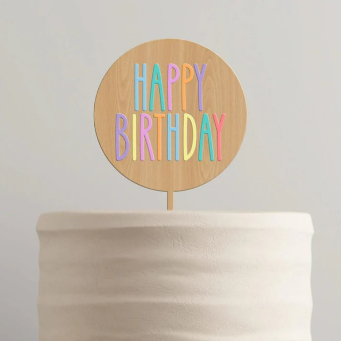 Topo Bolo MDF Faia + Acrílico Pastel Happy Birthday