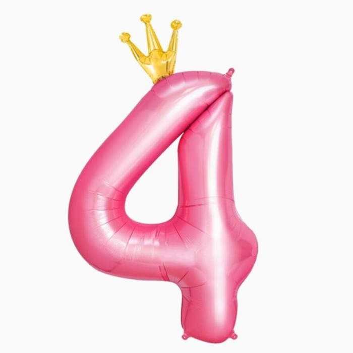 Balão Número 4 Rosa com Coroa Ouro - 123cm - Image 1