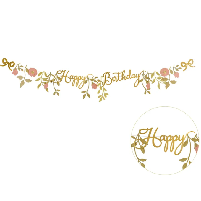 Banner Happy Birthday de Flores Ouro e Rosa