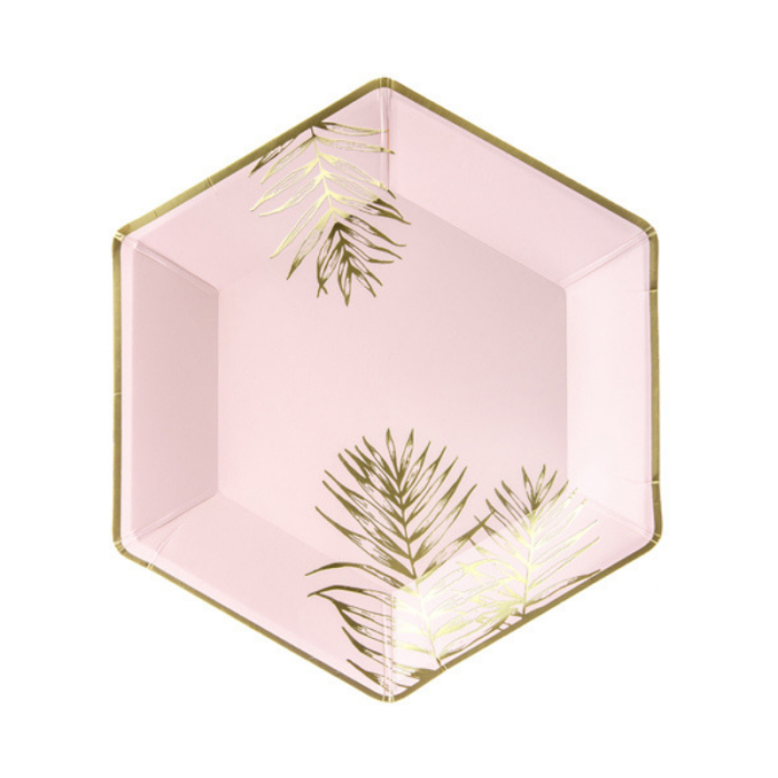 Pratos Rosa com Folhas Ouro 23cm - Pack 6 - Image 1