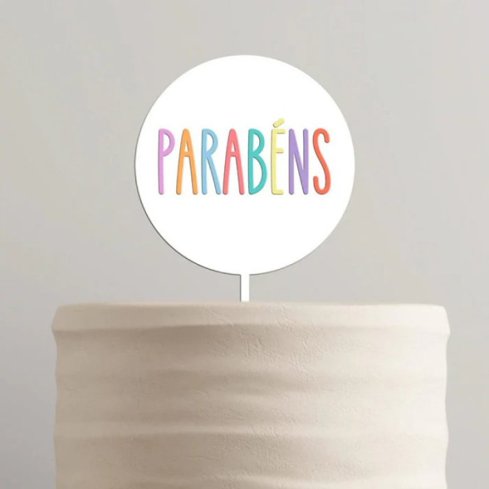 Topo Bolo MDF Branco + Acrílico Pastel Parabéns - Image 1