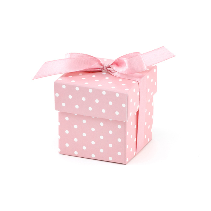 Caixa para Lembranças Rosa com Bolinhas Brancas com Fita Cetim - Pack.10 - Image 1