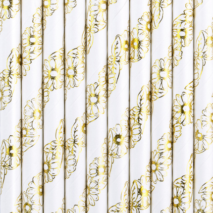 Palhinhas Papel Flores Ouro - Pack.10