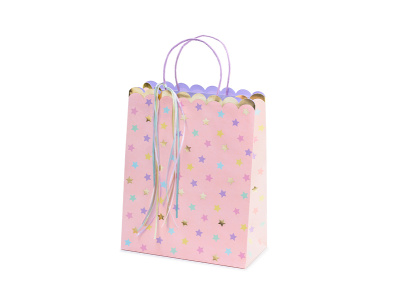 Saco Presente Rosa com Estrelas Coloridas 32cm