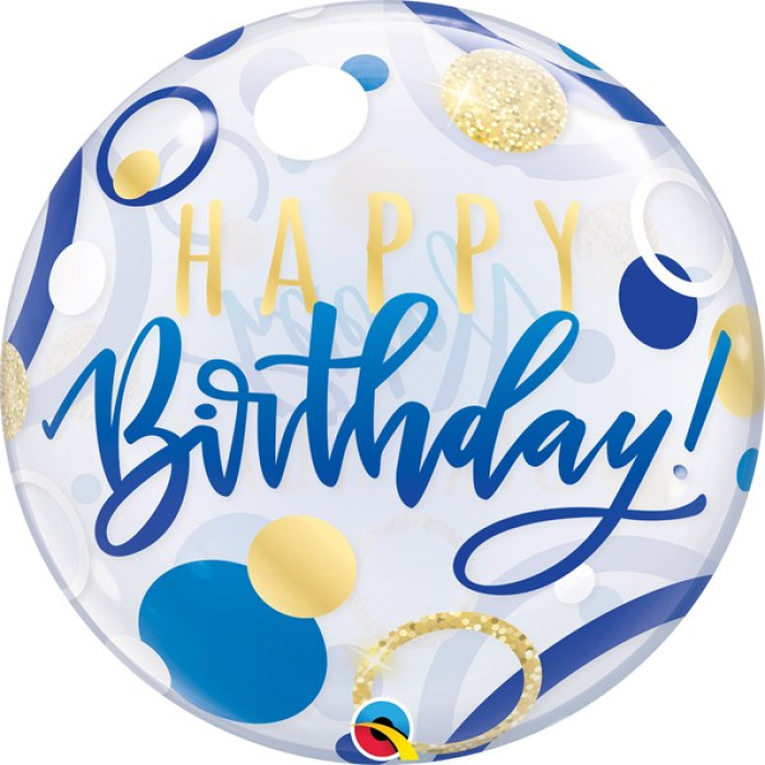 Balão Bubble "Happy Birthday" Azul e Ouro - 56cm - Image 1