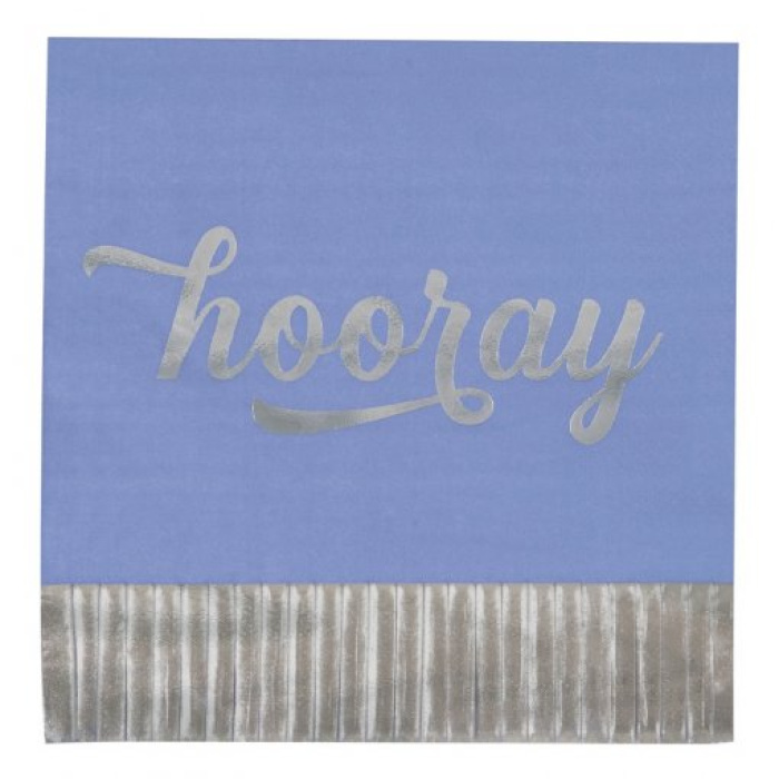 Guardanapos Azuis Franjas Prata "HOORAY" 33cm - Pack 16 - Image 1