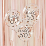 Balões Transparentes "HELLO 50" Confetis Rose Gold - Pack 5