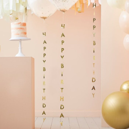 Fitas Balão HAPPY BIRTHDAY Douradas 100cm - Pack 5