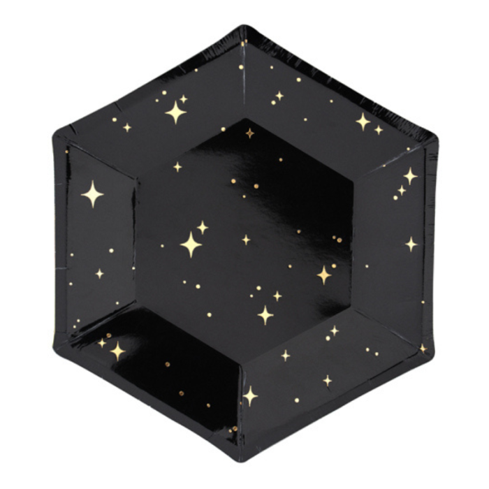 Pratos Pretos com estrelas ouro 20cm - Pack 6 - Image 1