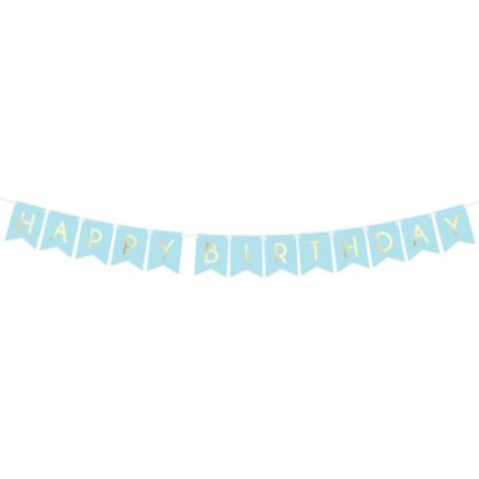 Banner Happy Birthday Azul Claro e Ouro