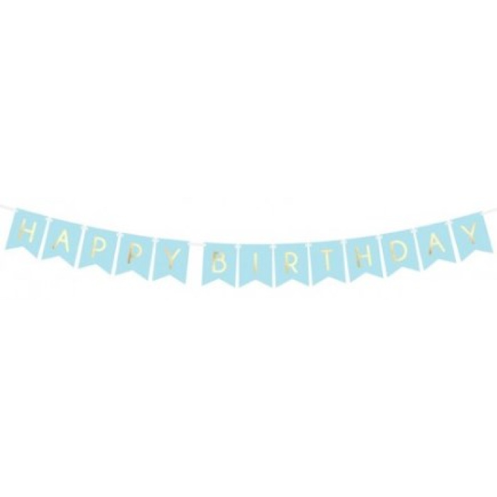 Banner Happy Birthday Azul Claro e Ouro - Image 1