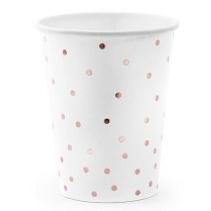 Copos Branco com Bolinhas Rose Gold - Pack 6