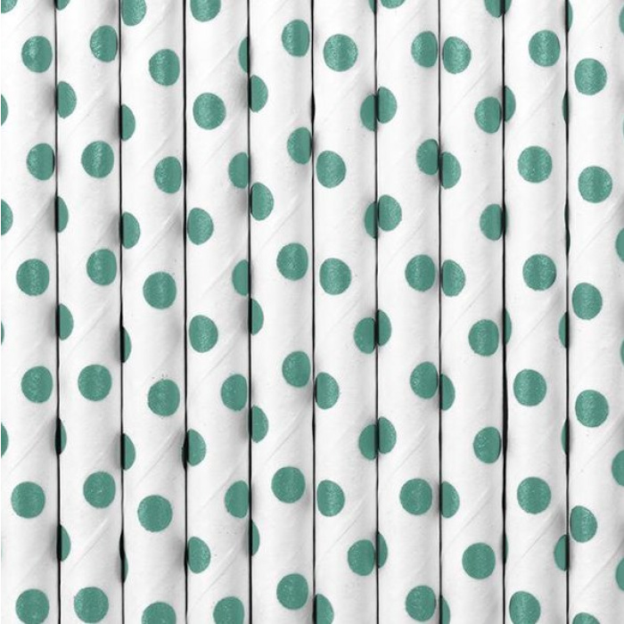 Palhinhas Papel Brancas com Bolinhas Menta - Pack 10 - Image 1