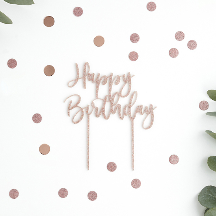 Topo de Bolo Acrílico Glitter Rosa Gold "Happy Birthday" - Image 1