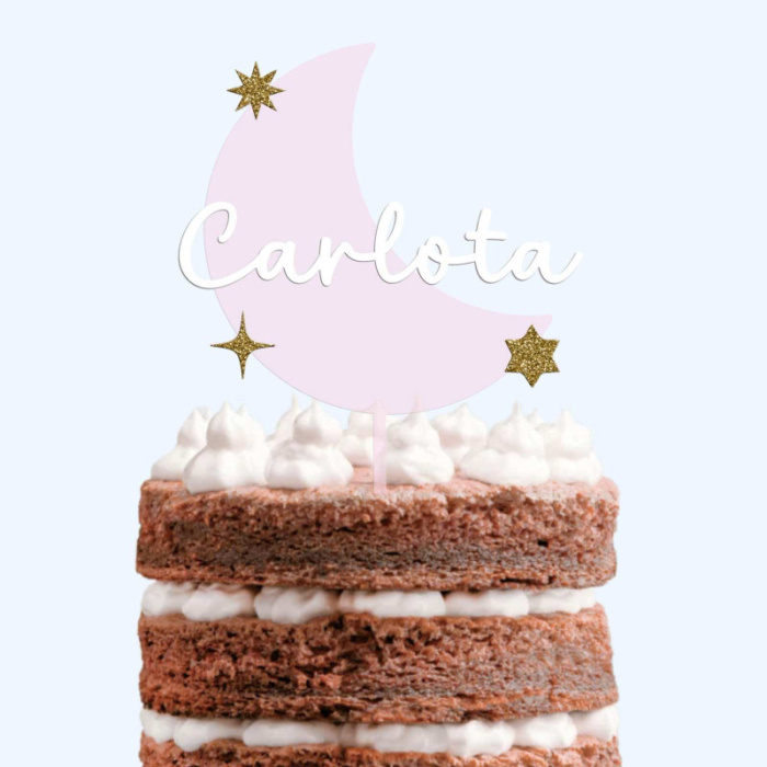Topo Bolo Lua com Estrelas Personalizado - Rosa - Image 1
